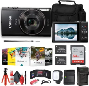 Canon PowerShot IXUS 285 HS 12X Optical Zoom Digital Camera (Black) (1076C001)   NB11L Battery   64GB Memory Card   Corel Photo Software   Case   Charger   LED Light   Card Reader   More (Renewed)