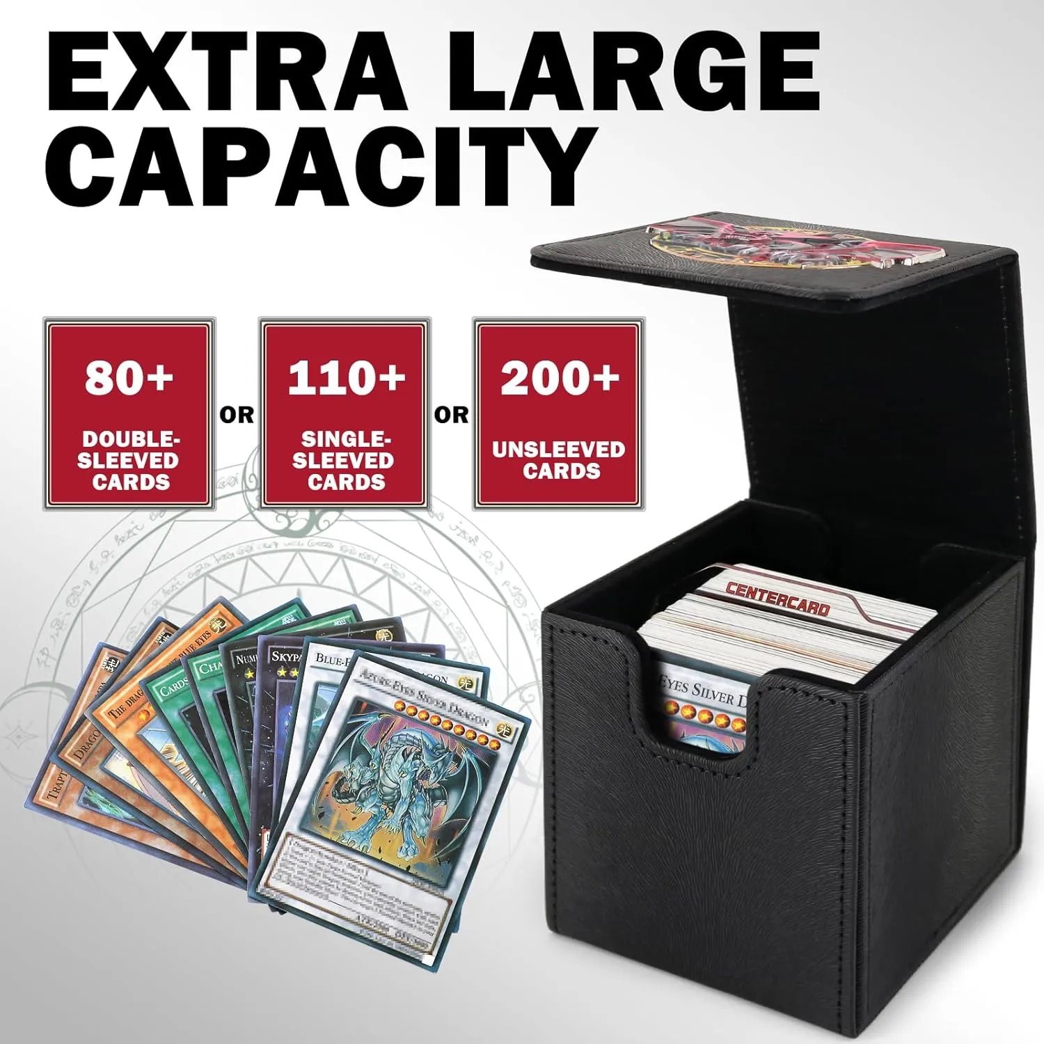 Card Deck Box for YGO MTG 3D sculpted relief Deck Box 110 Card Storage Box Trading Games Leather Storage with divider (Millennium Puzzle Titanium Color)