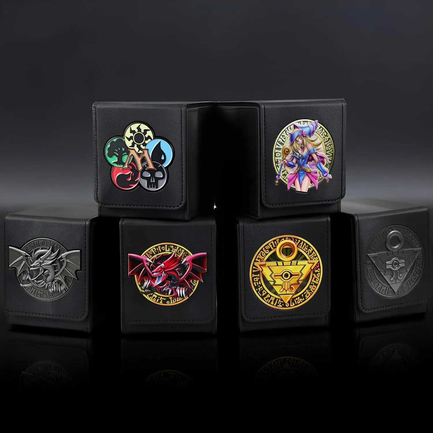 Card Deck Box for YGO MTG 3D sculpted relief Deck Box 110 Card Storage Box Trading Games Leather Storage with divider (Millennium Puzzle Titanium Color)