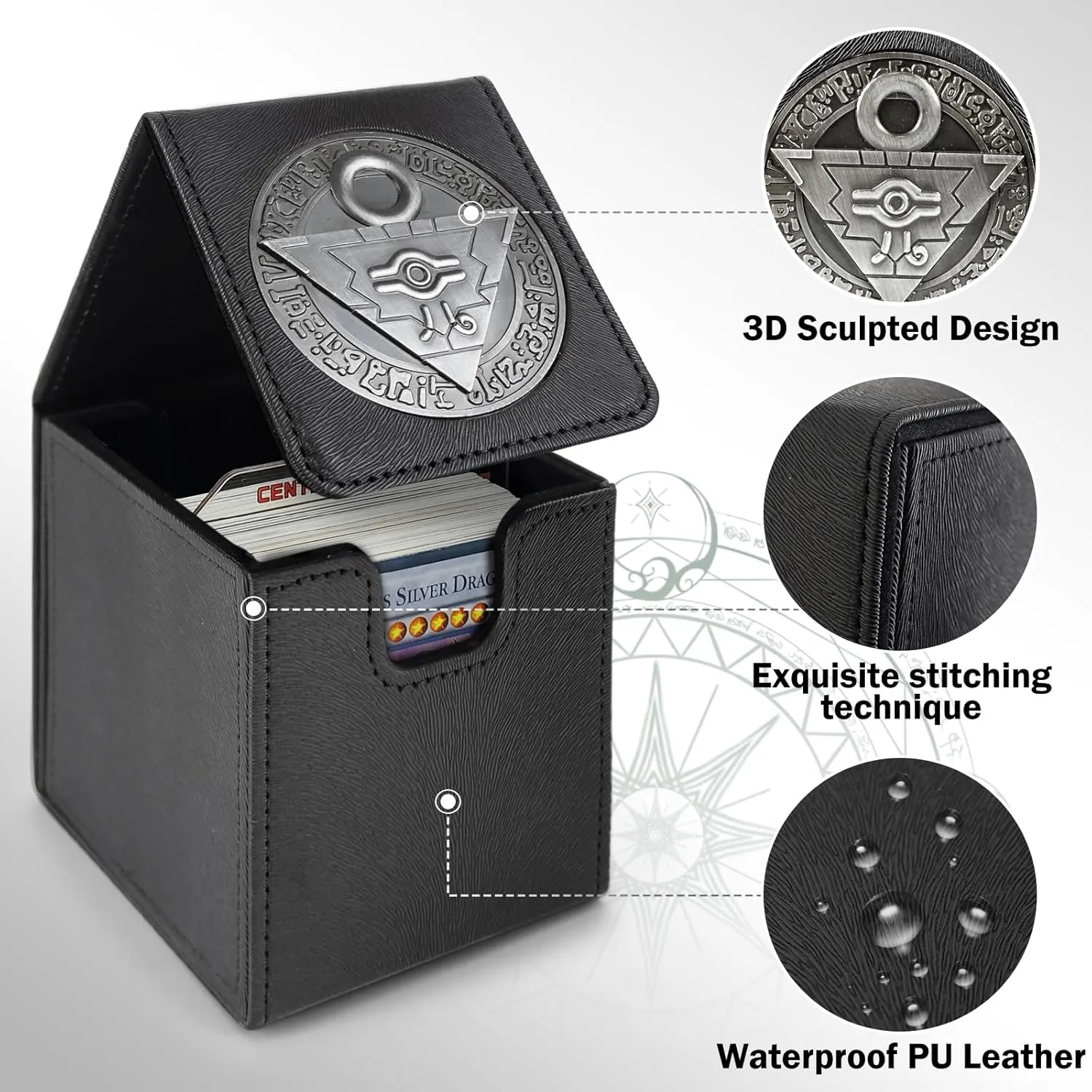 Card Deck Box for YGO MTG 3D sculpted relief Deck Box 110 Card Storage Box Trading Games Leather Storage with divider (Millennium Puzzle Titanium Color)