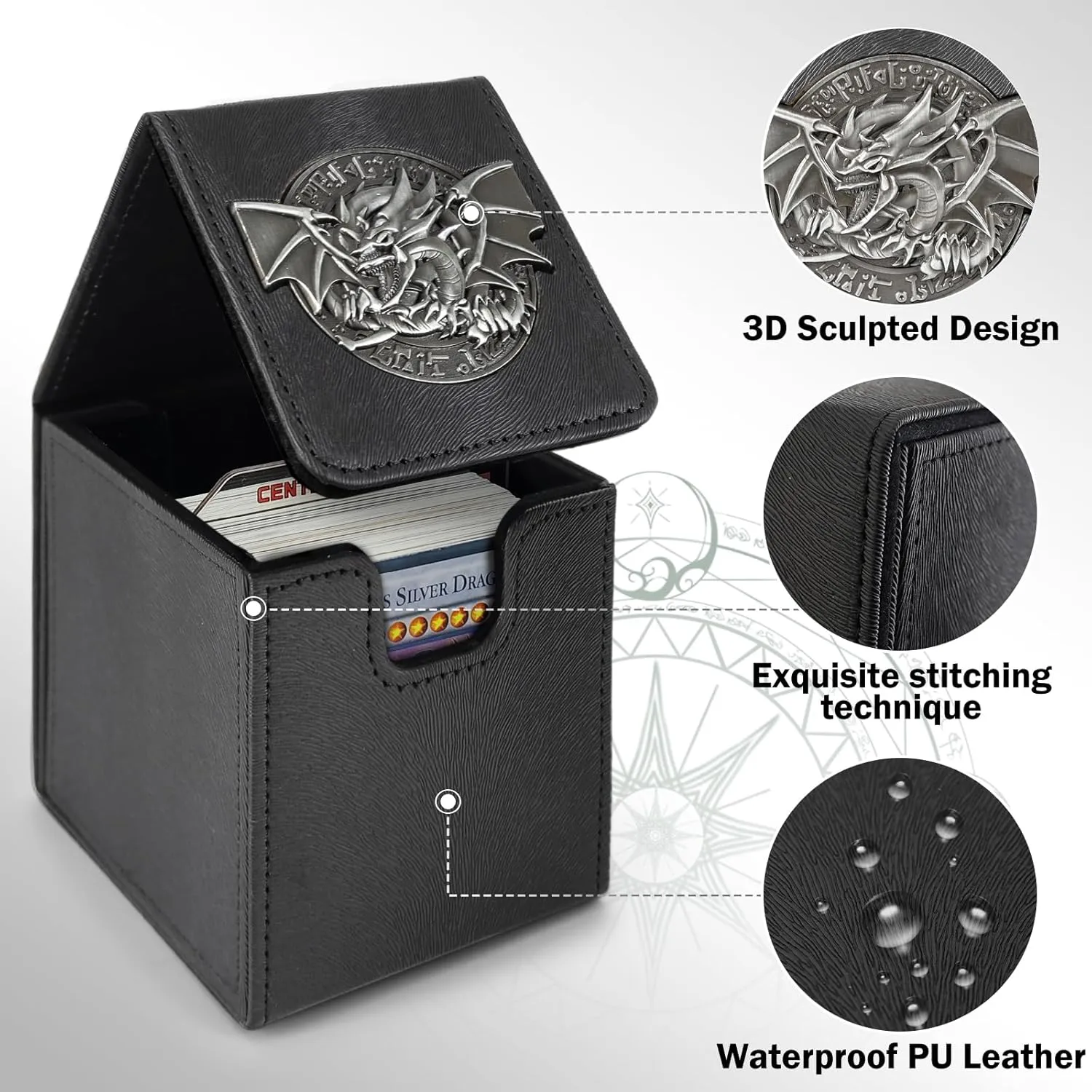 Card Deck Box for YGO MTG 3D sculpted relief Deck Box 110 Card Storage Box Trading Games Leather Storage with divider (Sky Dragon Titanium Color)