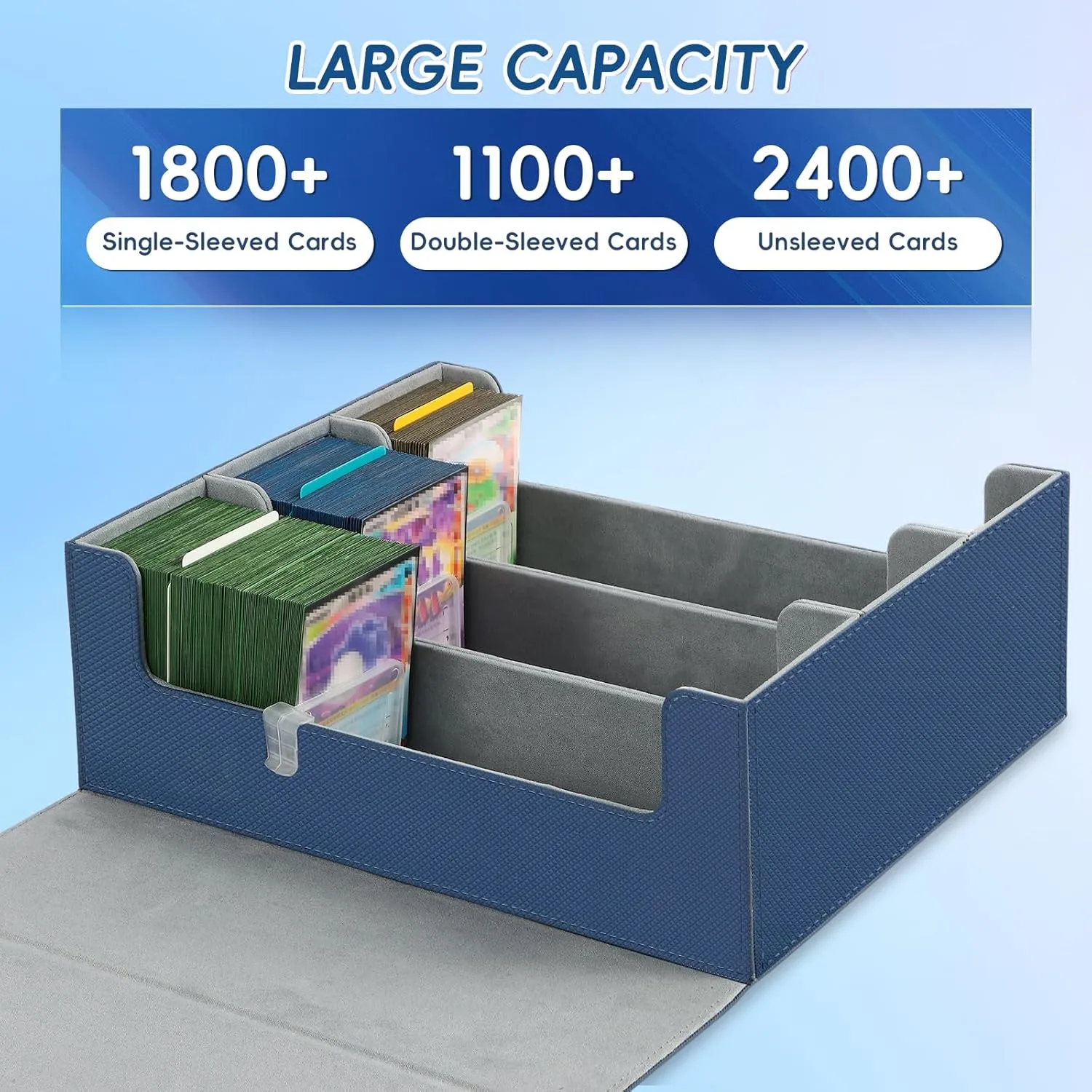 Card Storage Box for Trading Cards,1800  PU Leather Commander Card Deck Case with 12 Dividers and 3 Supporters,Magnetic Closure Card Holder Fits YuGiOh,MTG and Sport Cards(Blue, 3-Row)