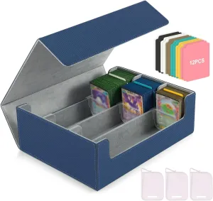 Card Storage Box for Trading Cards,1800  PU Leather Commander Card Deck Case with 12 Dividers and 3 Supporters,Magnetic Closure Card Holder Fits YuGiOh,MTG and Sport Cards(Blue, 3-Row)