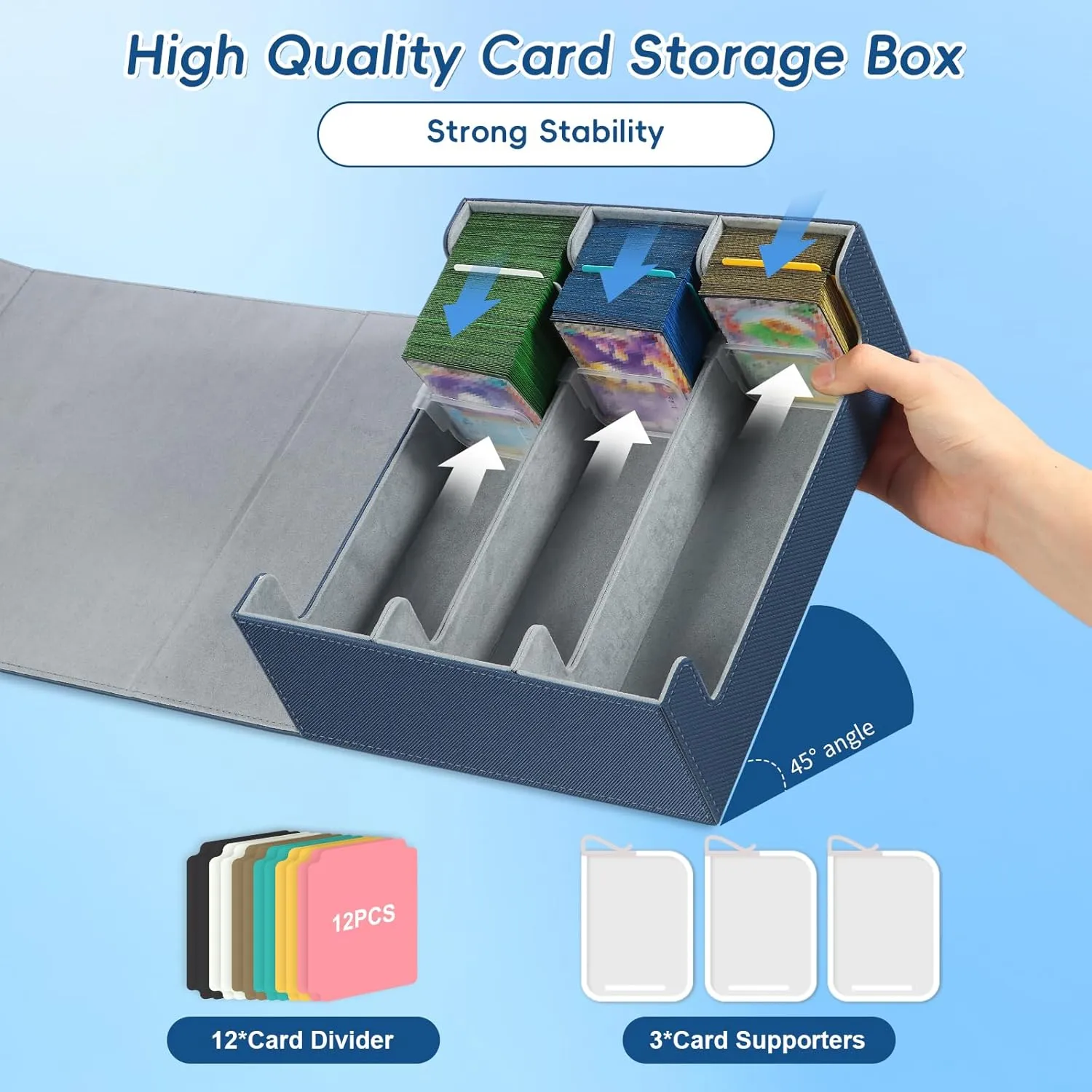 Card Storage Box for Trading Cards,1800  PU Leather Commander Card Deck Case with 12 Dividers and 3 Supporters,Magnetic Closure Card Holder Fits YuGiOh,MTG and Sport Cards(Blue, 3-Row)