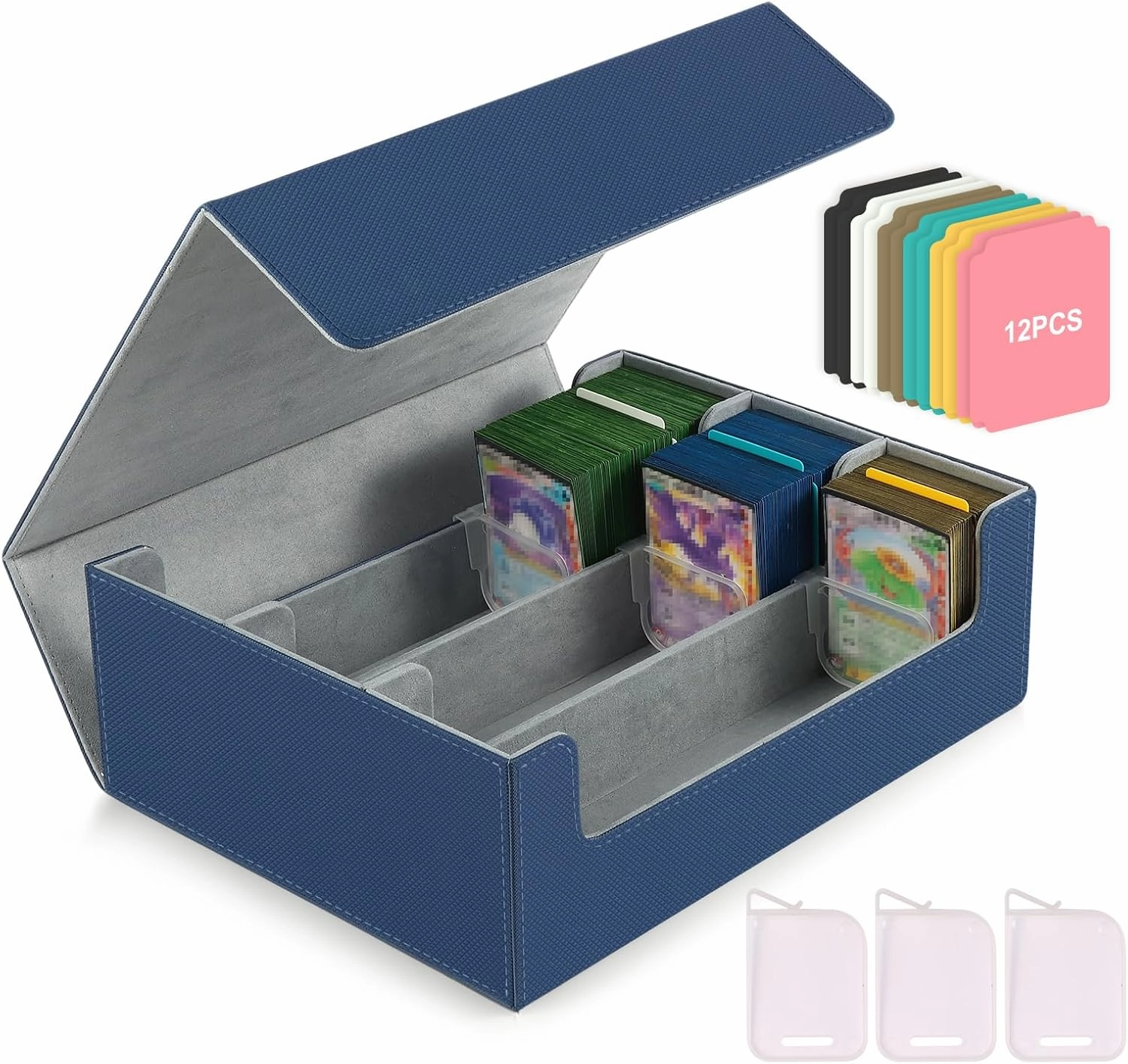 Card Storage Box for Trading Cards,1800  PU Leather Commander Card Deck Case with 12 Dividers and 3 Supporters,Magnetic Closure Card Holder Fits YuGiOh,MTG and Sport Cards(Blue, 3-Row)