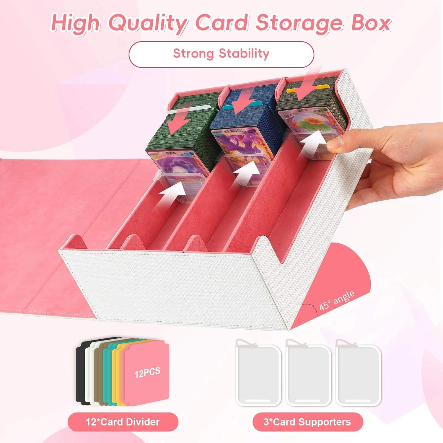 Card Storage Box for Trading Cards,1800  White PU Leather Commander Card Deck Case with 12 Dividers and 3 Supporters,Magnetic Closure Card Holder Fits YuGiOh,MTG and Sport Cards (White,3-Row)