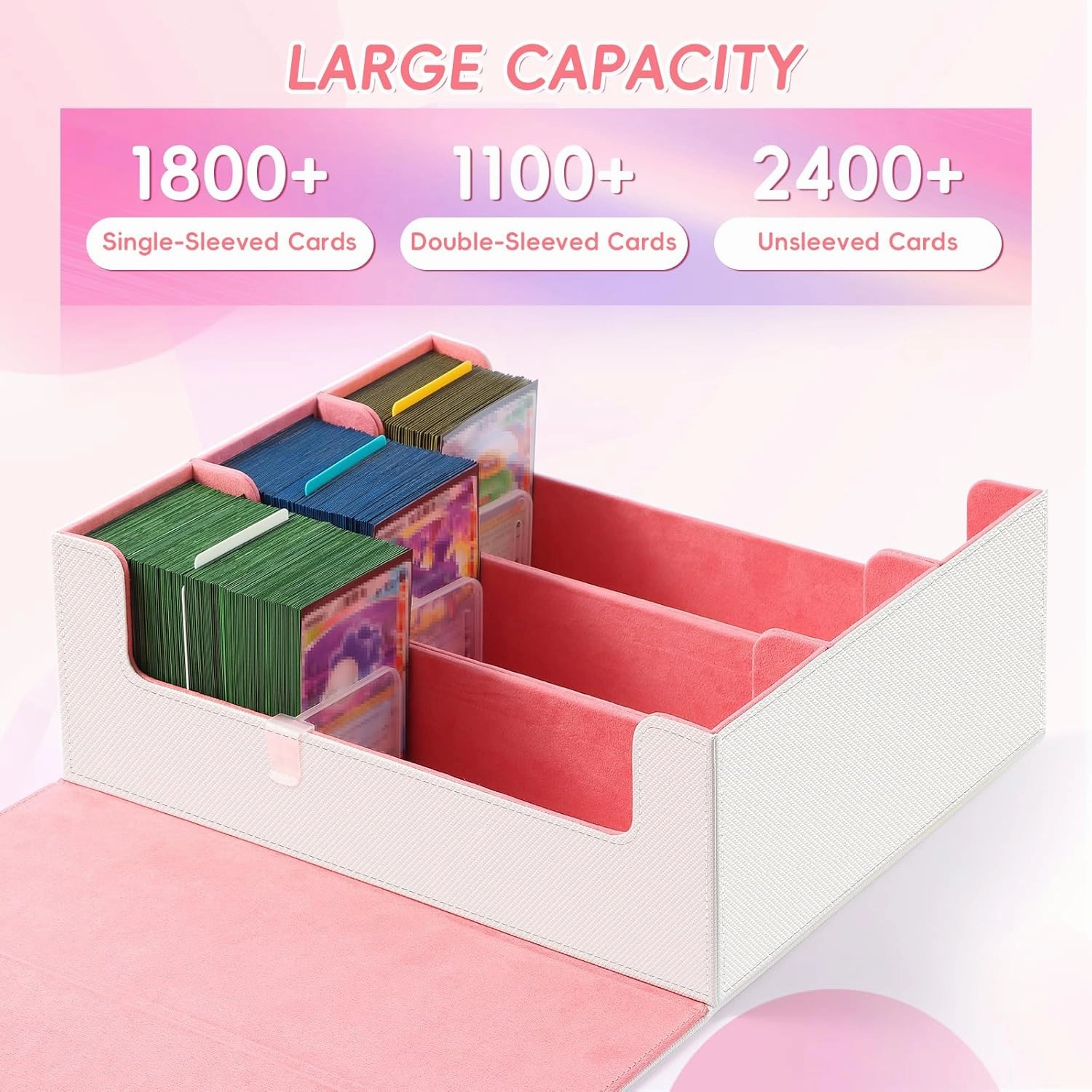 Card Storage Box for Trading Cards,1800  White PU Leather Commander Card Deck Case with 12 Dividers and 3 Supporters,Magnetic Closure Card Holder Fits YuGiOh,MTG and Sport Cards (White,3-Row)