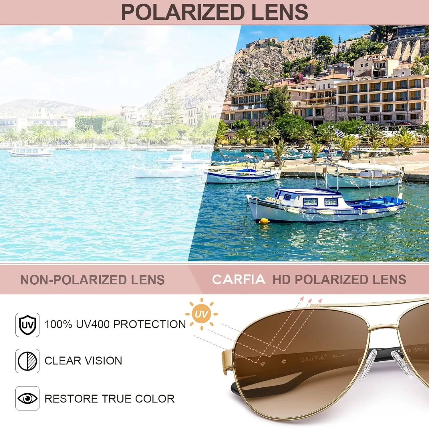 CARFIA Polarized Sunglasses for Women UV Protection Ultra-Lightweight Comfort Metal Frame Driving Glasses CA3210