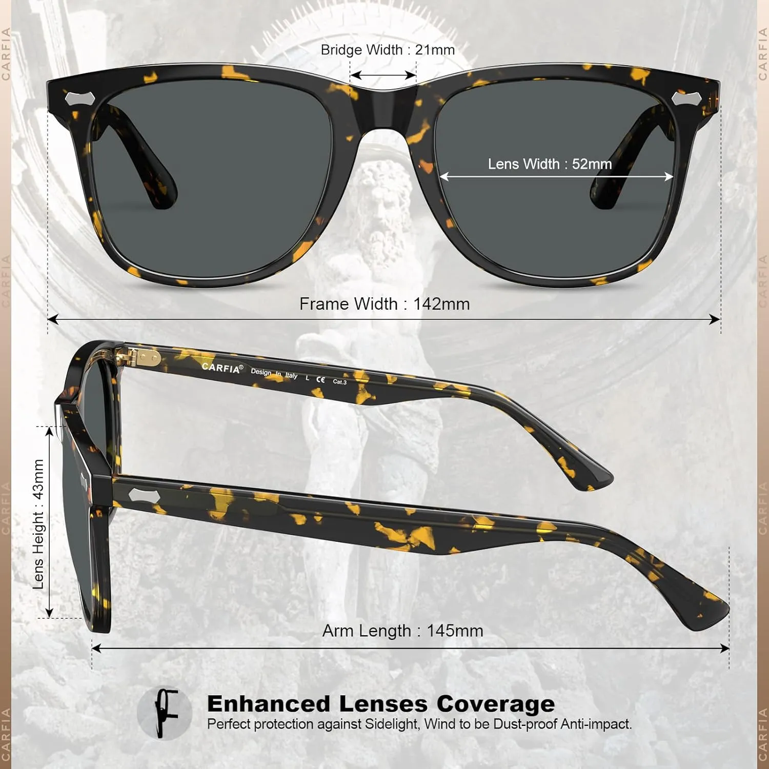 CARFIA Square Polarized Sunglasses for Men UV400 Protection Retro Acetate Italian Hand-crafted Driving Shades
