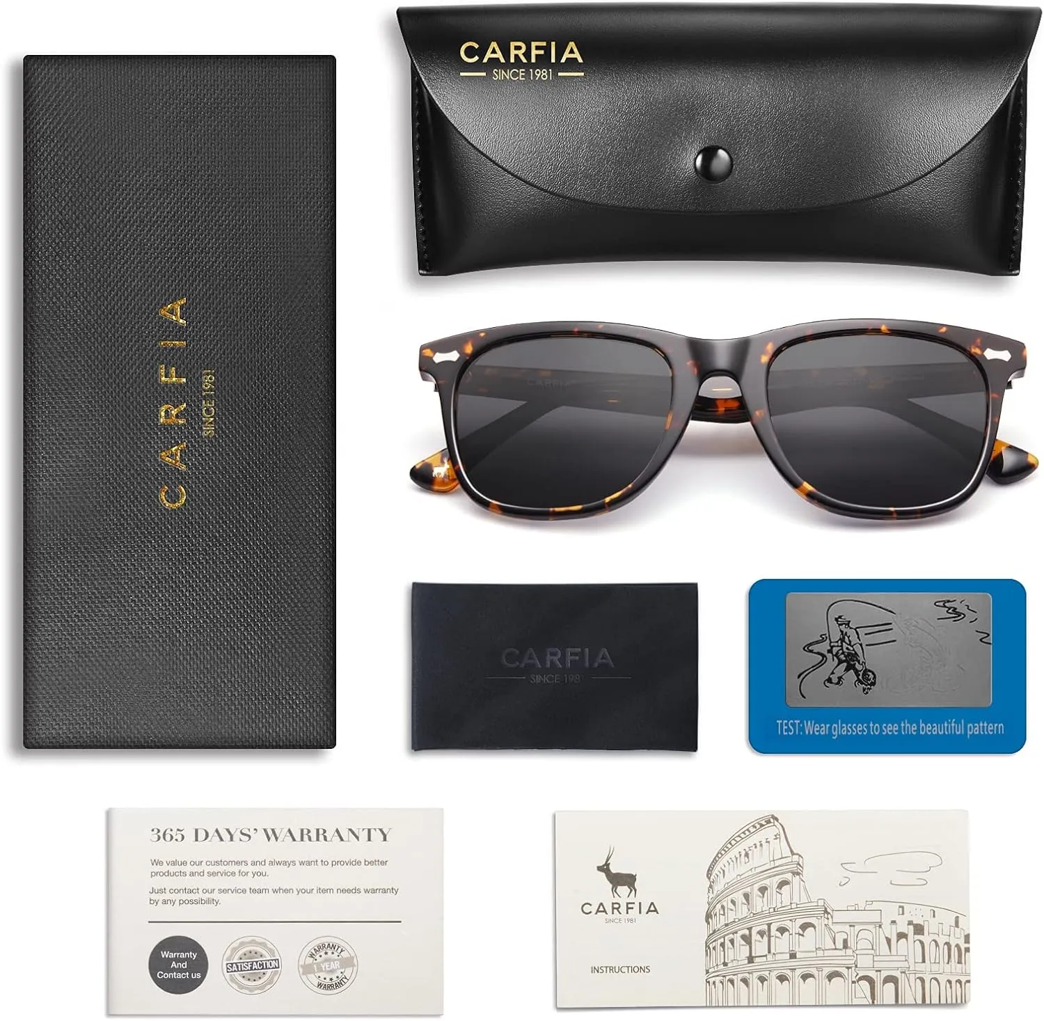 CARFIA Square Polarized Sunglasses for Men UV400 Protection Retro Acetate Italian Hand-crafted Driving Shades