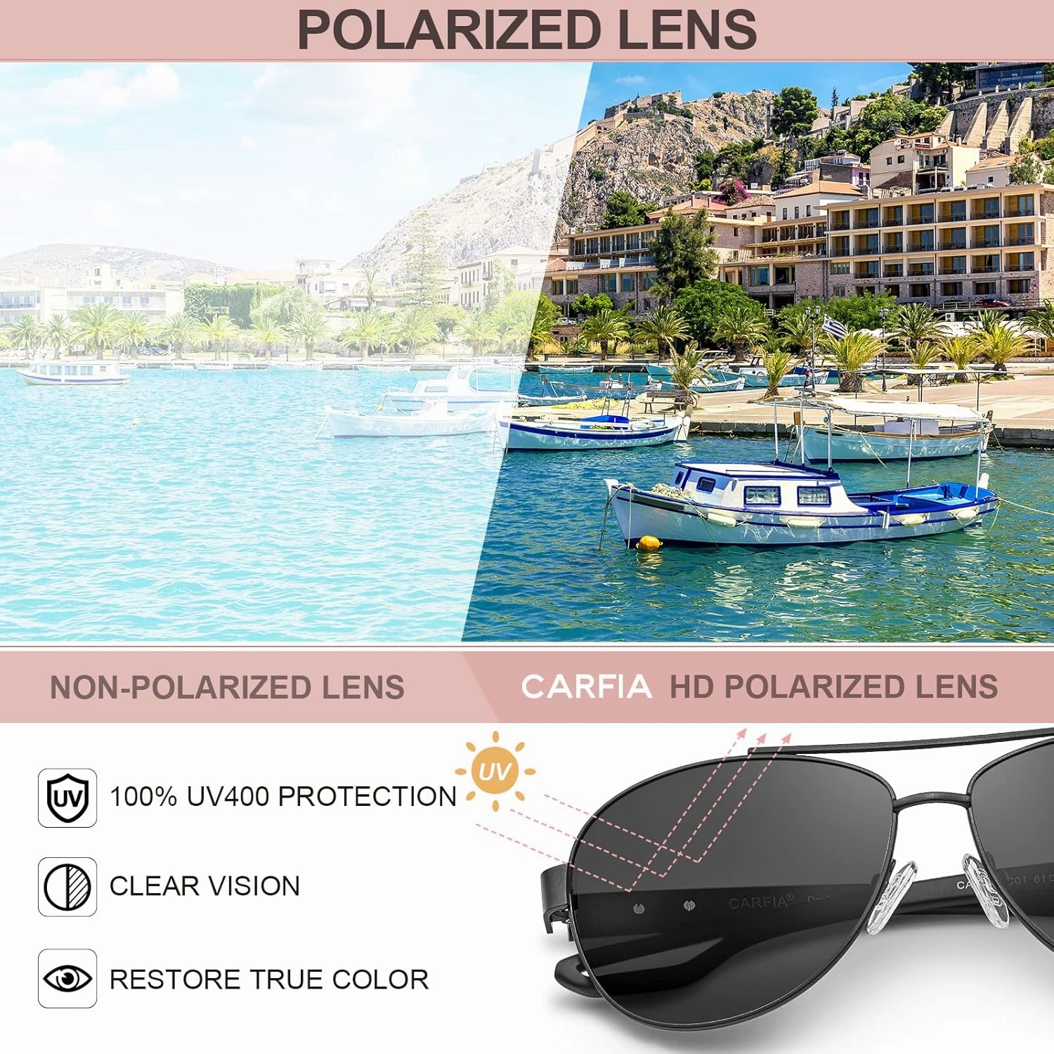 CARFIA Polarized Sunglasses for Women UV Protection Ultra-Lightweight Comfort Metal Frame Driving Glasses CA3210