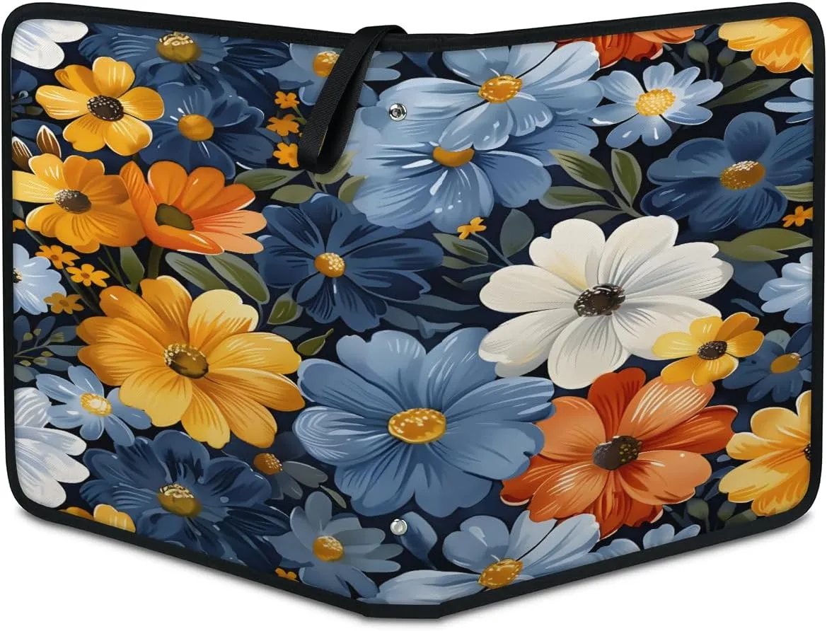 Cartoon Colorful Flowers 3 Ring Trading Zipper Binder Strap, Trading Card Binder 4 Pocket, 400 Pockets Card Holder with 50 Removable Sleeves for Game Cards