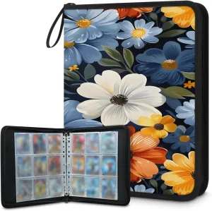 Cartoon Colorful Flowers 3 Ring Trading Zipper Binder Strap, Trading Card Binder 4 Pocket, 400 Pockets Card Holder with 50 Removable Sleeves for Game Cards