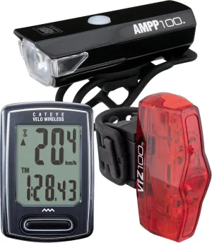 CATEYE Velo Wireless USB GO Kit – Velo Wireless Bike Computer, AMPP100 OptiCube™ Headlight, ViZ100 USB Rechargeable Safety Light, for Road, MTB, Gravel Cycling, IPX4 Waterproof, Long Battery Life