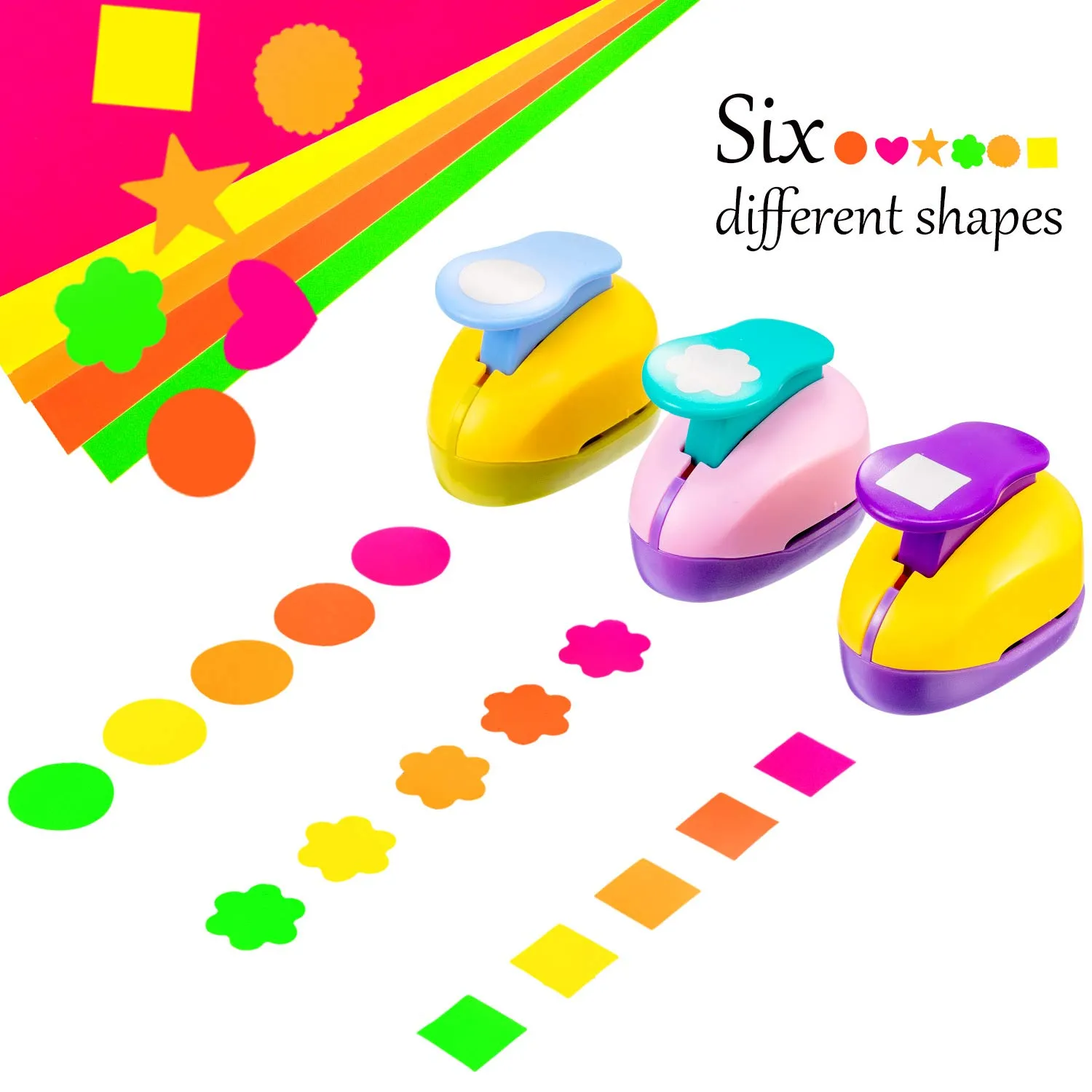 CHENGU 16 Pcs Craft Holes Punch Paper Punchers Scrapbook Punches with Craft Sticker Paper, Round, Star, Square, Heart, Flower, Wave Circle Shape(1 Inch,Multiple Styles)