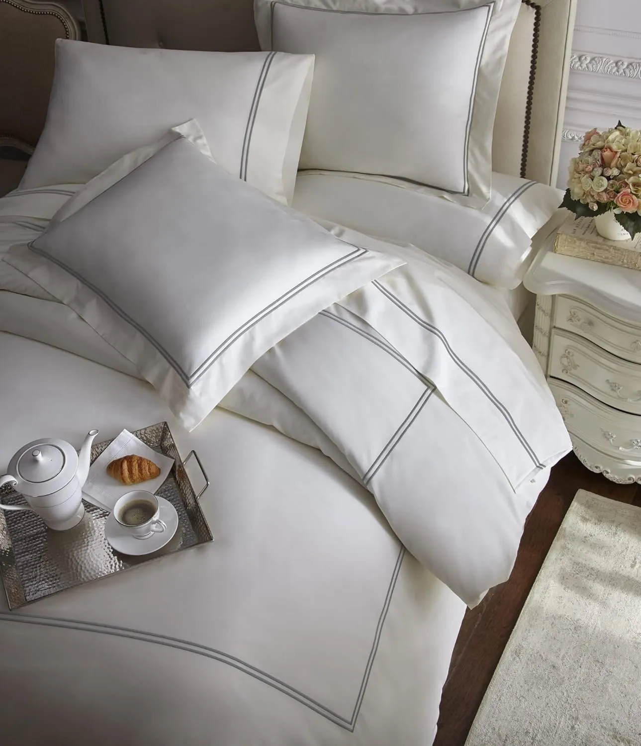 Chezmoi Collection Venezia 4-Piece 400 Thread Count Tencel Cotton Sheet Set - Double Row Stitch Embroidery Bordered - Silky Soft, Smooth, Breathable Cooling - King, Gray