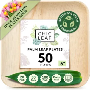 Chic Leaf Compostable & Biodegradable Palm Leaf Disposable Bamboo Plates - Disposable Party Plates for Appetizers (6'' - 50 Pack)
