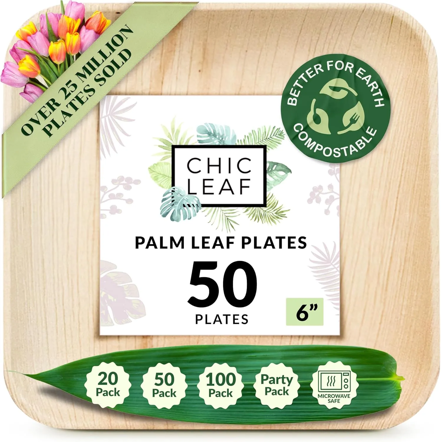 Chic Leaf Compostable & Biodegradable Palm Leaf Disposable Bamboo Plates - Disposable Party Plates for Appetizers (6'' - 50 Pack)