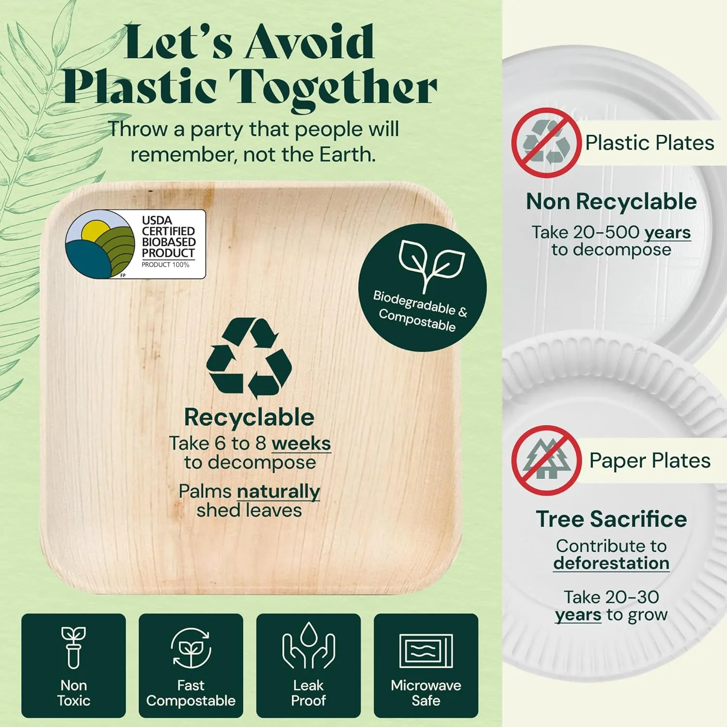 Chic Leaf Compostable & Biodegradable Palm Leaf Disposable Bamboo Plates - Disposable Party Plates for Appetizers (6'' - 50 Pack)