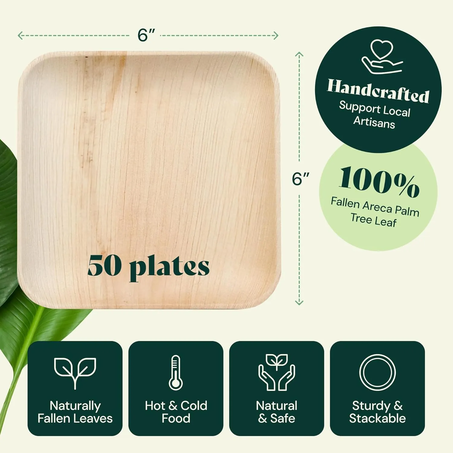 Chic Leaf Compostable & Biodegradable Palm Leaf Disposable Bamboo Plates - Disposable Party Plates for Appetizers (6'' - 50 Pack)