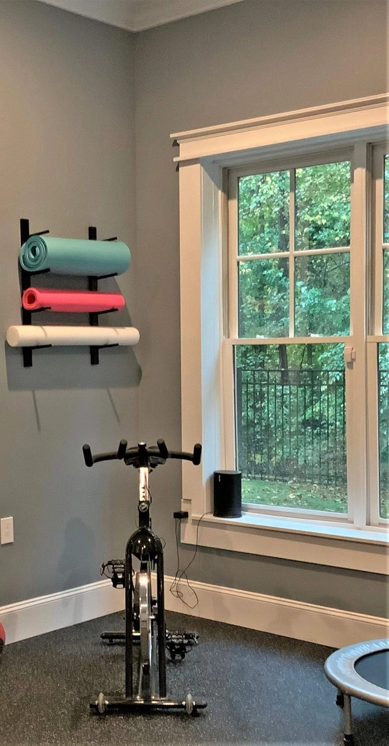 Classy Wood Foam Roller & Yoga Mat Storage Rack. Holds 4, 8, 12 etc. Sold by The Pairs and no. of Pairs You get Determines no. of mats/Rollers You Hold. Easy Wall Mount & Hardware. Black.