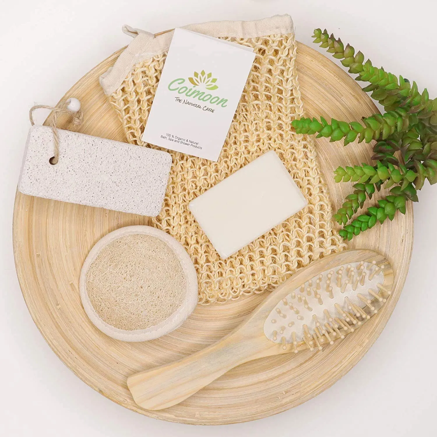 Coimoon Set (Made in Europe)- Exfoliating Organic Loofah Face Pads and Shower Sponge with Natural Pumice Stone, Loofa, Puff Sponge Scrubber Body for Men and Women (5 Piece Set, Natural)