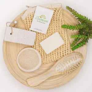 Coimoon Set (Made in Europe)- Exfoliating Organic Loofah Face Pads and Shower Sponge with Natural Pumice Stone, Loofa, Puff Sponge Scrubber Body for Men and Women (5 Piece Set, Natural)