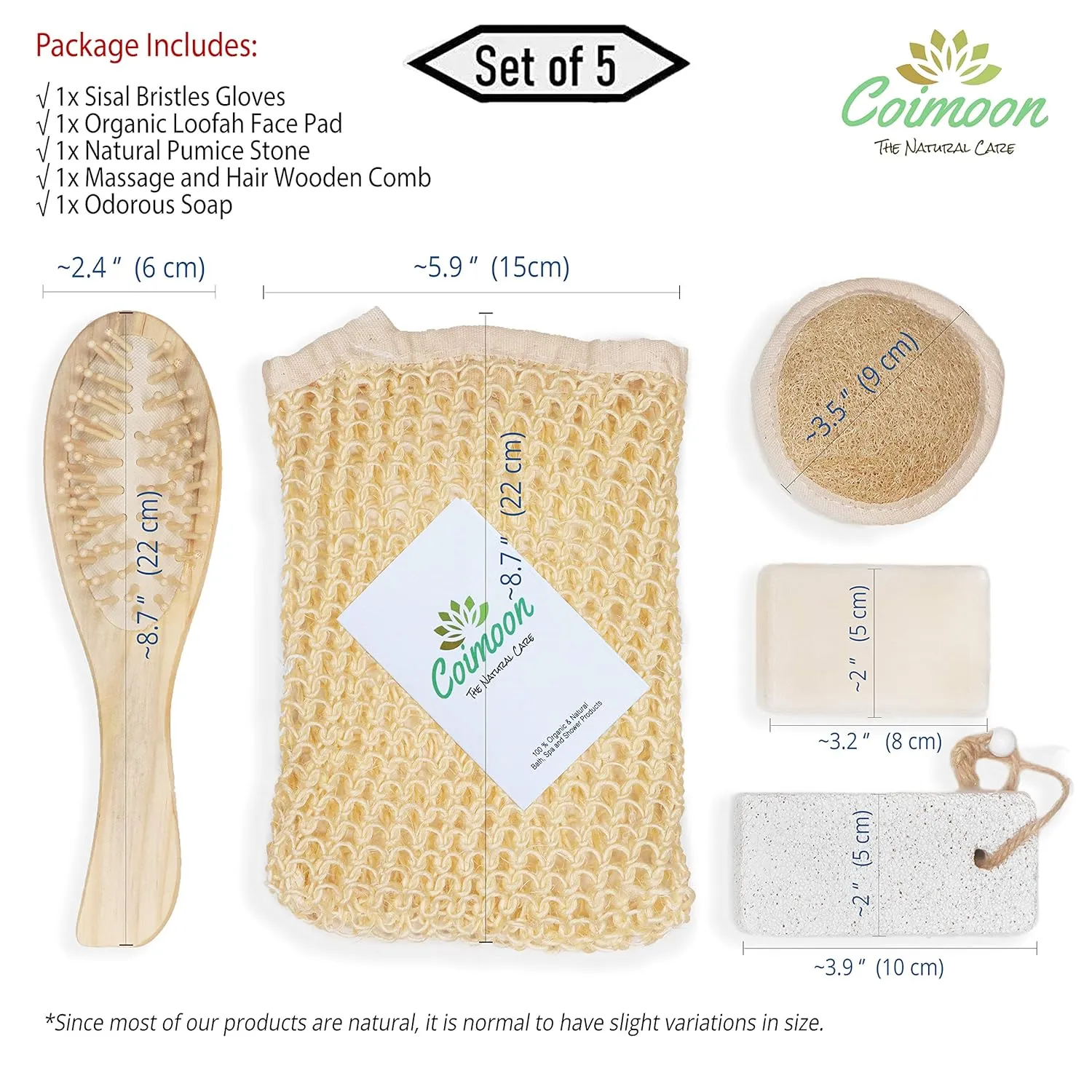 Coimoon Set (Made in Europe)- Exfoliating Organic Loofah Face Pads and Shower Sponge with Natural Pumice Stone, Loofa, Puff Sponge Scrubber Body for Men and Women (5 Piece Set, Natural)