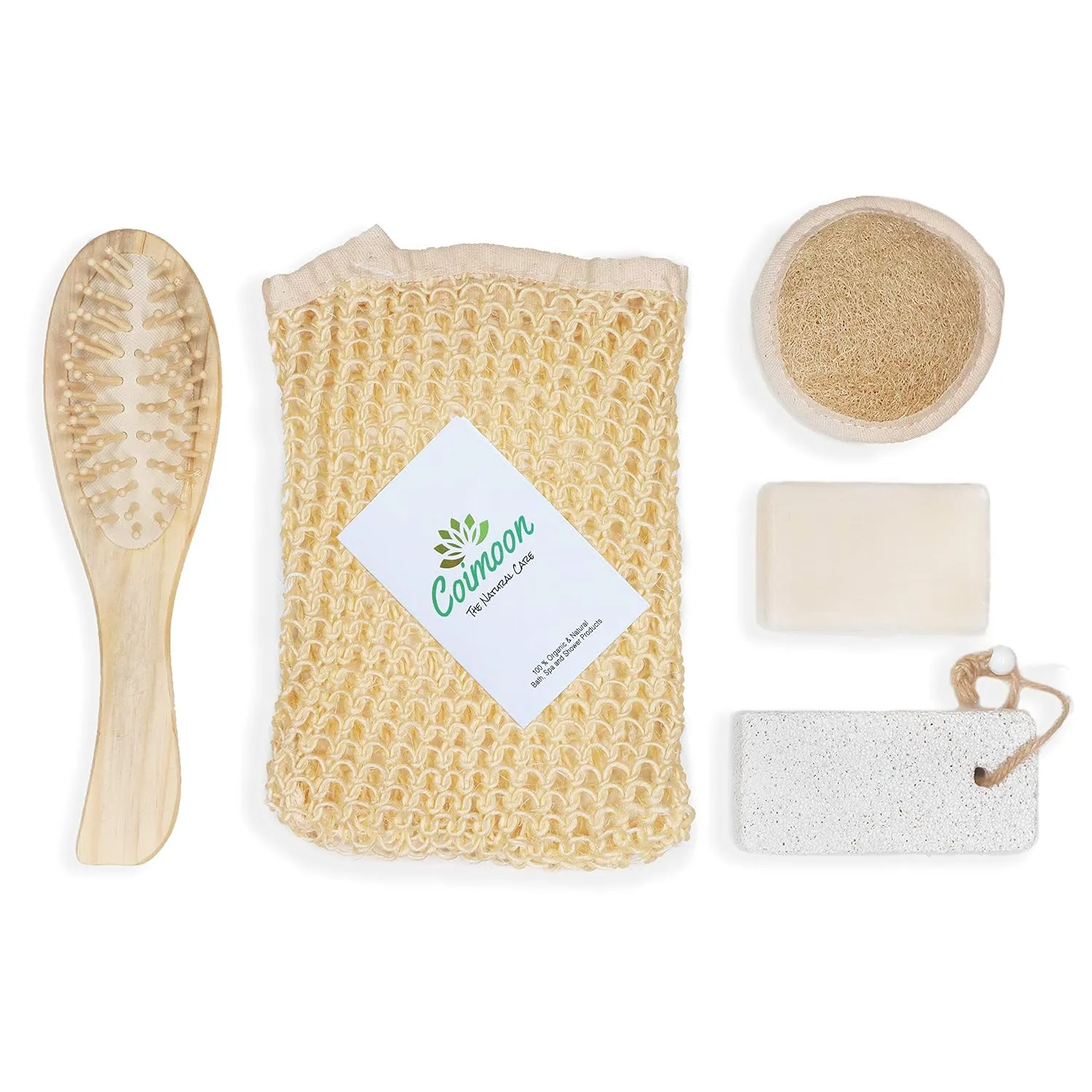 Coimoon Set (Made in Europe)- Exfoliating Organic Loofah Face Pads and Shower Sponge with Natural Pumice Stone, Loofa, Puff Sponge Scrubber Body for Men and Women (5 Piece Set, Natural)