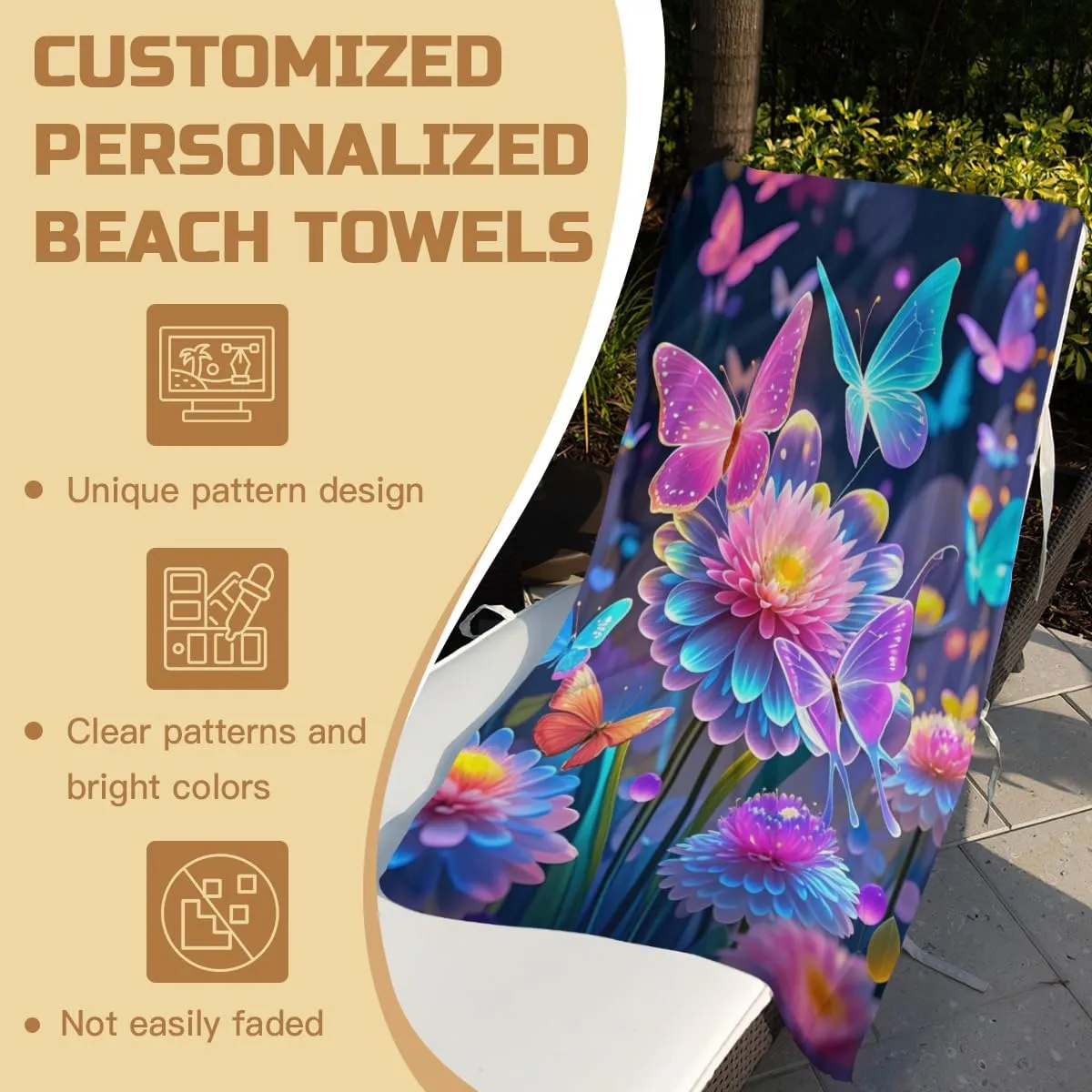 Colorful Butterfly Microfiber Beach Towel Vibrant Floral Design Quick Dry Absorbent Sand Free Lightweight Beach Blanket, Vacation Pool Picnic Essentials 30" x 60"