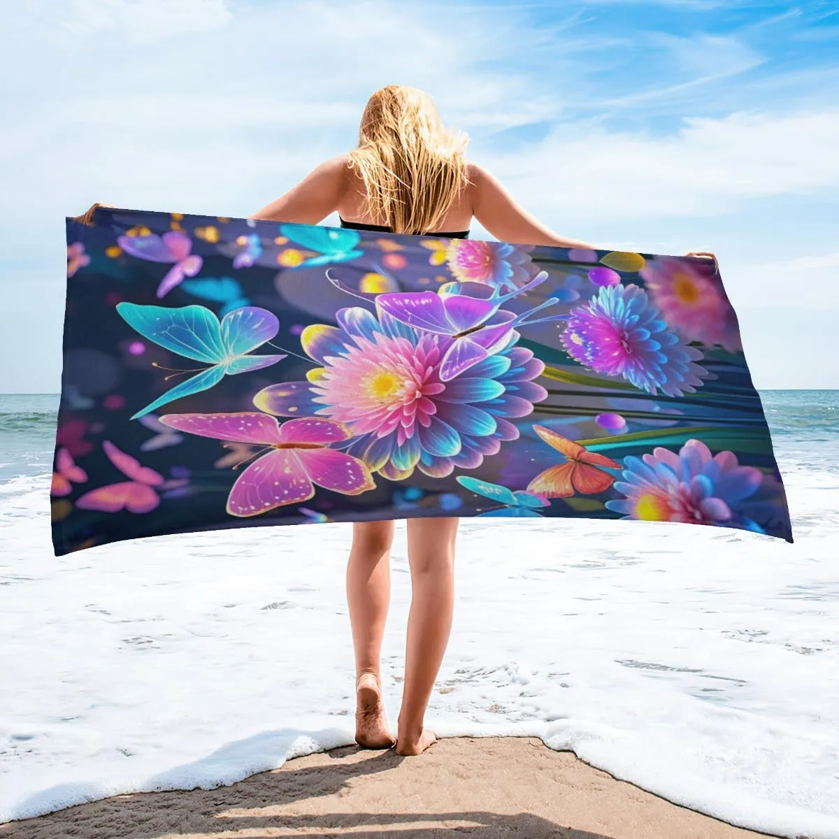 Colorful Butterfly Microfiber Beach Towel Vibrant Floral Design Quick Dry Absorbent Sand Free Lightweight Beach Blanket, Vacation Pool Picnic Essentials 30" x 60"