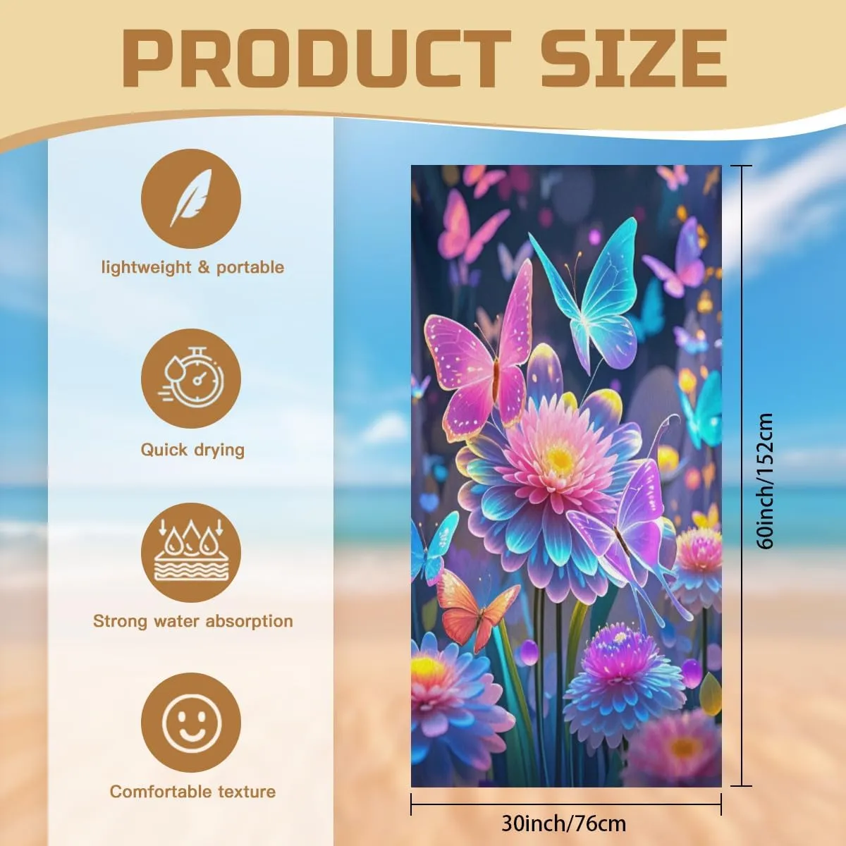 Colorful Butterfly Microfiber Beach Towel Vibrant Floral Design Quick Dry Absorbent Sand Free Lightweight Beach Blanket, Vacation Pool Picnic Essentials 30" x 60"