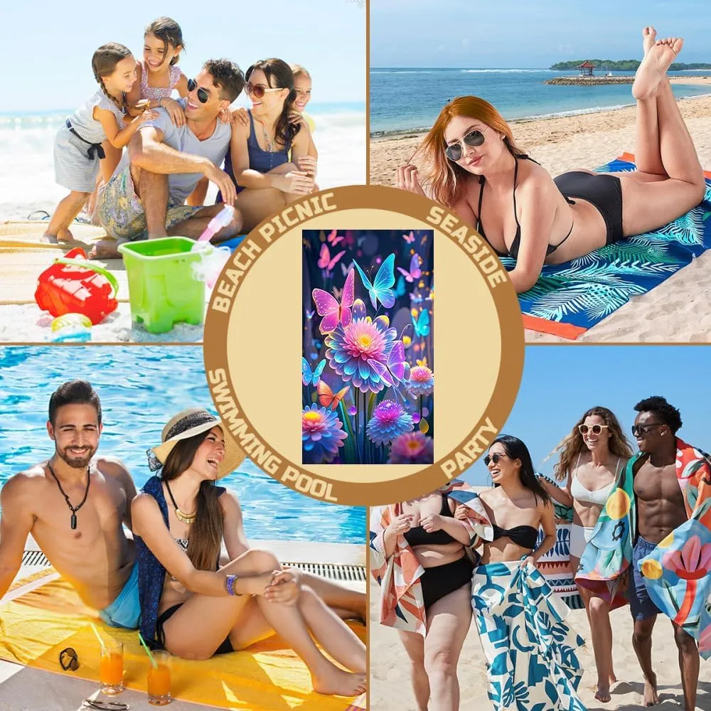 Colorful Butterfly Microfiber Beach Towel Vibrant Floral Design Quick Dry Absorbent Sand Free Lightweight Beach Blanket, Vacation Pool Picnic Essentials 30" x 60"