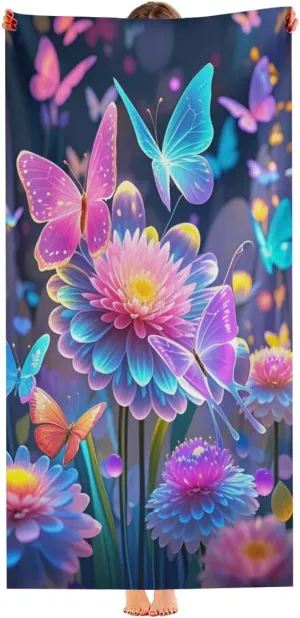 Colorful Butterfly Microfiber Beach Towel Vibrant Floral Design Quick Dry Absorbent Sand Free Lightweight Beach Blanket, Vacation Pool Picnic Essentials 30" x 60"