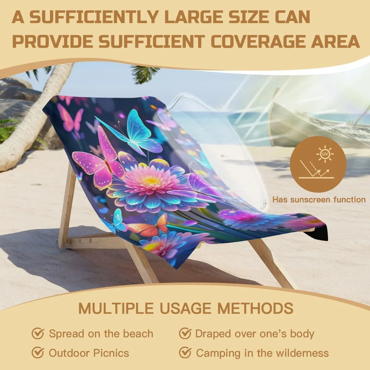 Colorful Butterfly Microfiber Beach Towel Vibrant Floral Design Quick Dry Absorbent Sand Free Lightweight Beach Blanket, Vacation Pool Picnic Essentials 30" x 60"