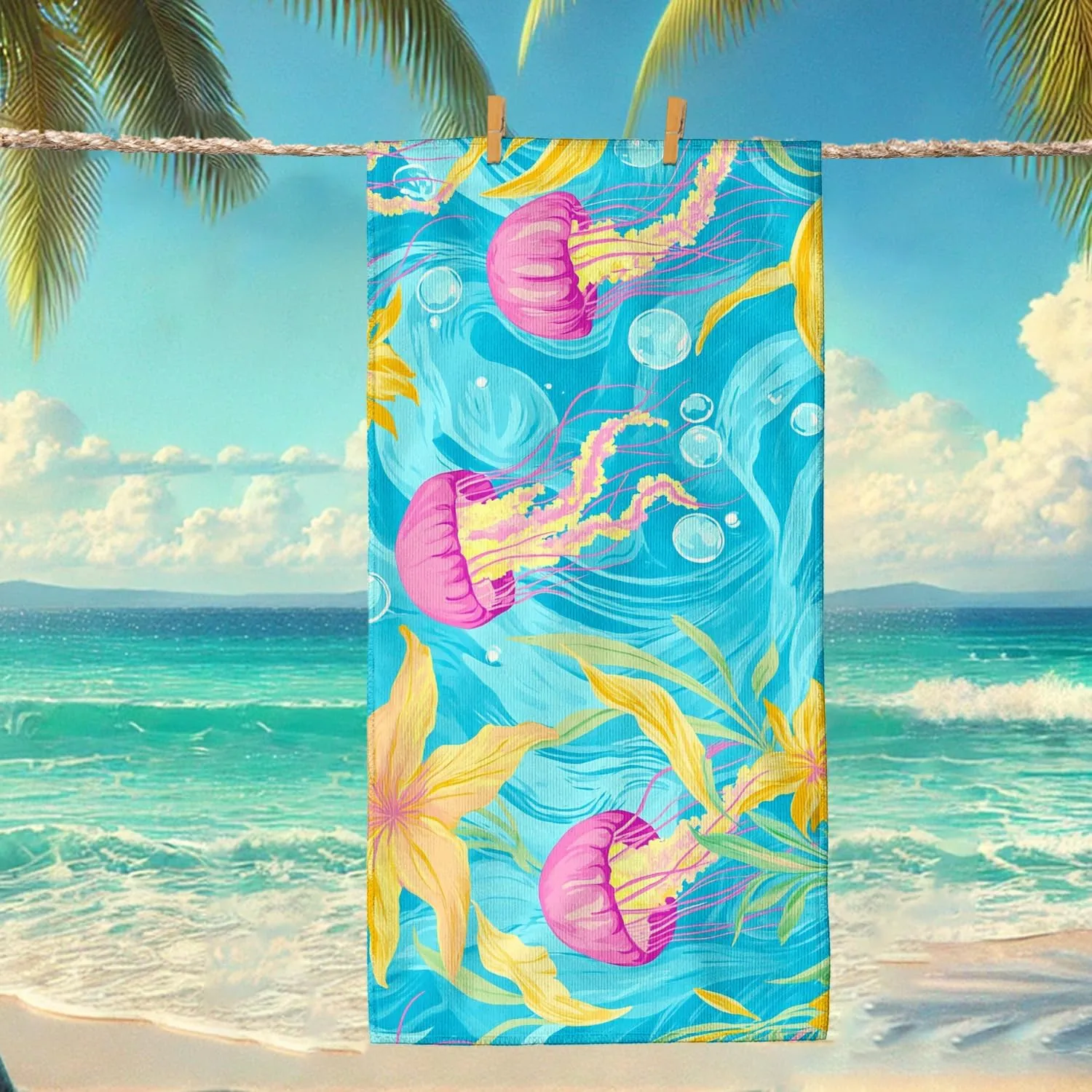Colorful Jellyfish Microfiber Beach Towel Aquatic Design Quick Dry Absorbent Sand Free Oversized Lightweight Beach Blanket, Vacation Picnic Essentials 70x35 Inch