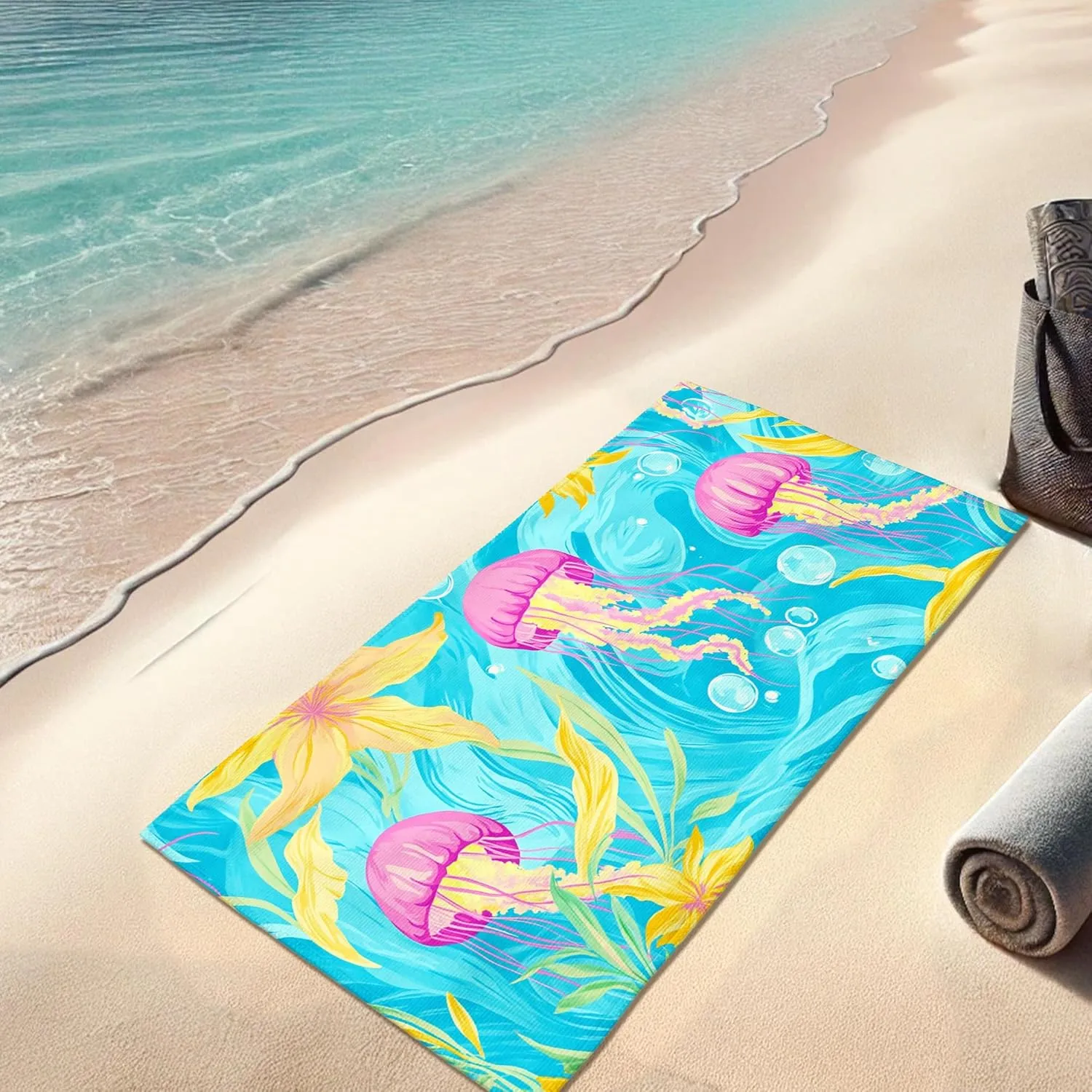 Colorful Jellyfish Microfiber Beach Towel Aquatic Design Quick Dry Absorbent Sand Free Oversized Lightweight Beach Blanket, Vacation Picnic Essentials 70x35 Inch