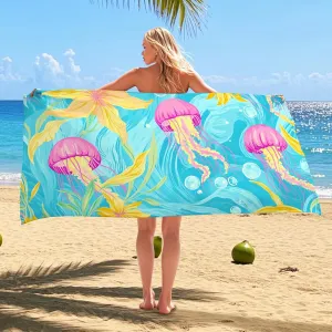 Colorful Jellyfish Microfiber Beach Towel Aquatic Design Quick Dry Absorbent Sand Free Oversized Lightweight Beach Blanket, Vacation Picnic Essentials 70x35 Inch