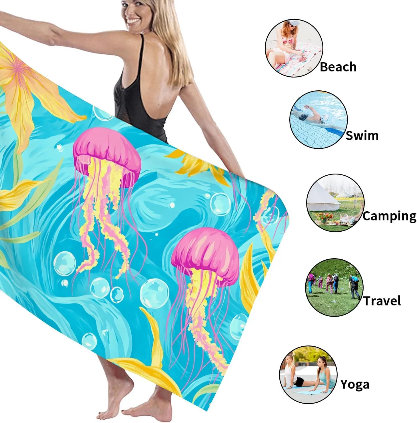 Colorful Jellyfish Microfiber Beach Towel Aquatic Design Quick Dry Absorbent Sand Free Oversized Lightweight Beach Blanket, Vacation Picnic Essentials 70x35 Inch
