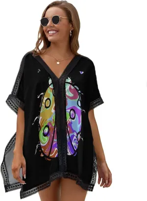 Colorful Ladybug Fashion Cover Ups for Swimwear Women V Neck Lace Trim Beach Coverup Bikini Swimsuit Poncho Tops