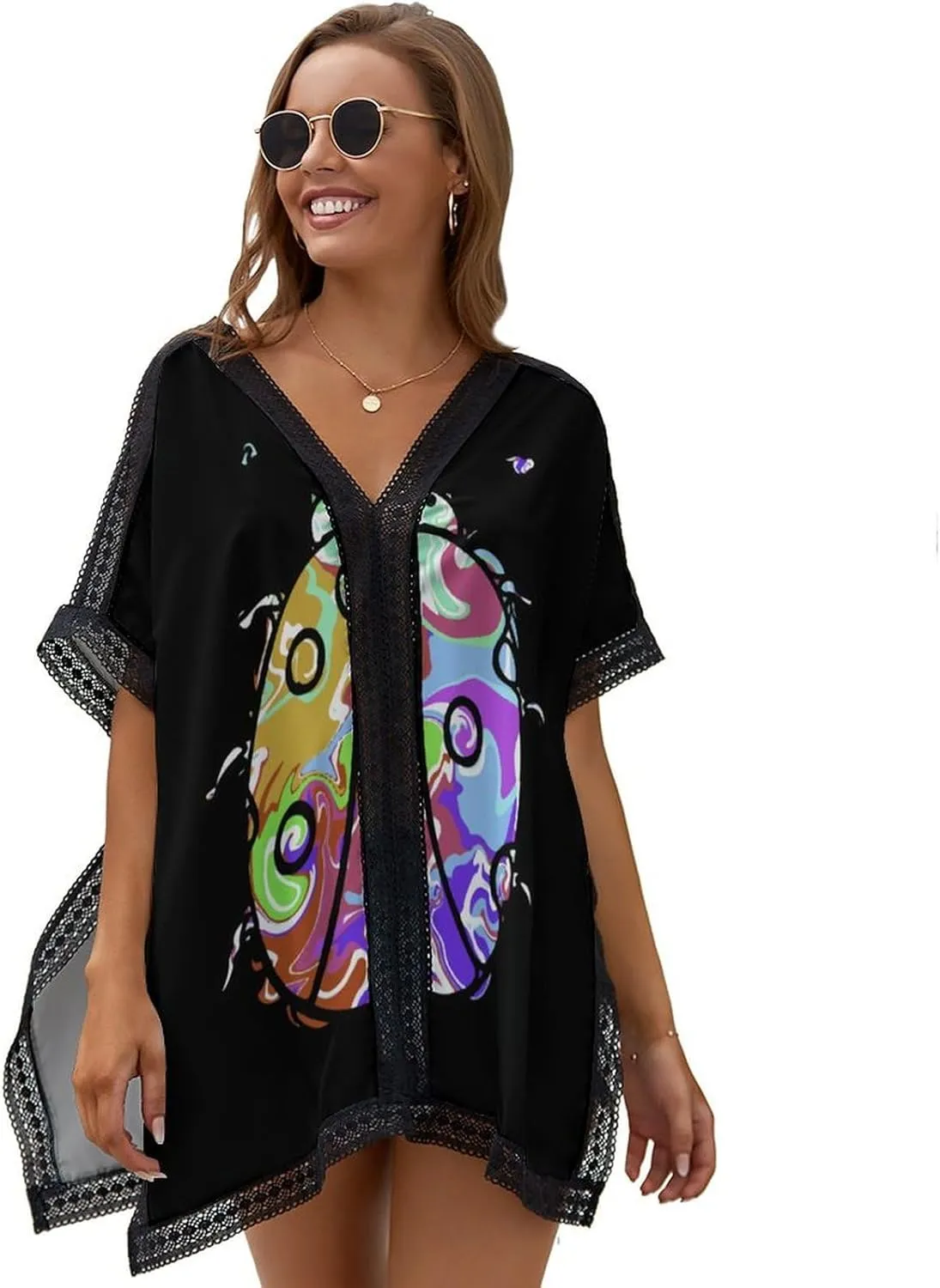 Colorful Ladybug Fashion Cover Ups for Swimwear Women V Neck Lace Trim Beach Coverup Bikini Swimsuit Poncho Tops