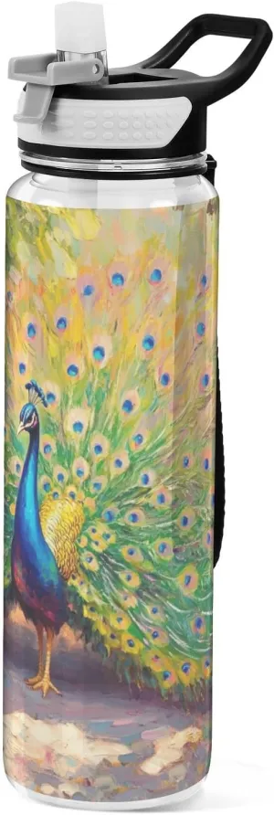 Colorful Peacock Feathers Water Bottle 32 Oz BPA-Free Water Jugs for Drinking for Outdoor Sports