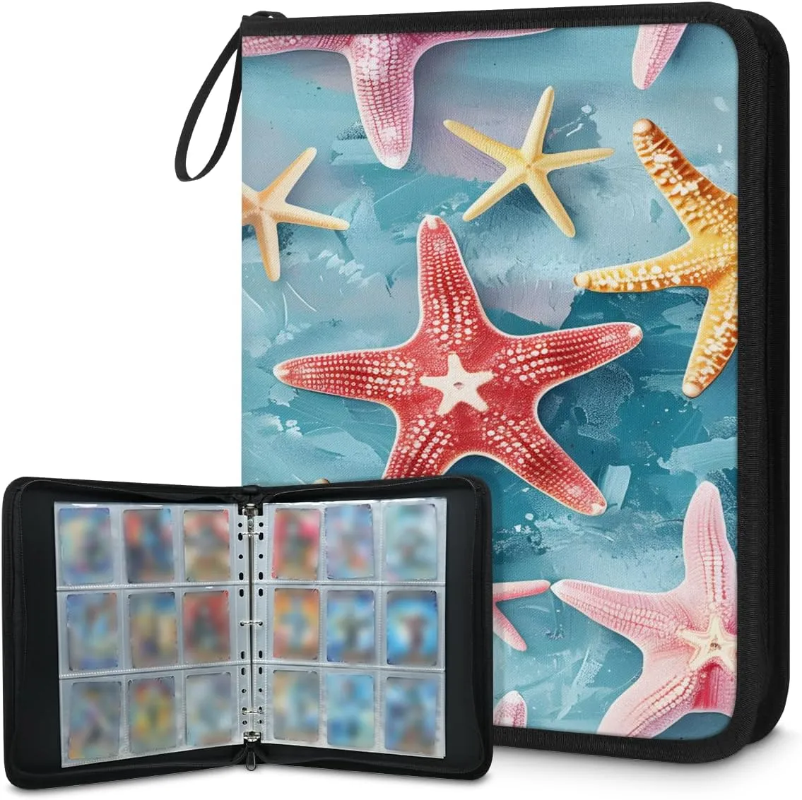 Colorful Starfishes 3 Ring Trading Zipper Binder Strap, Trading Card Binder 9 Pocket, 900 Pockets Card Holder with 50 Removable Sleeves for Game Cards