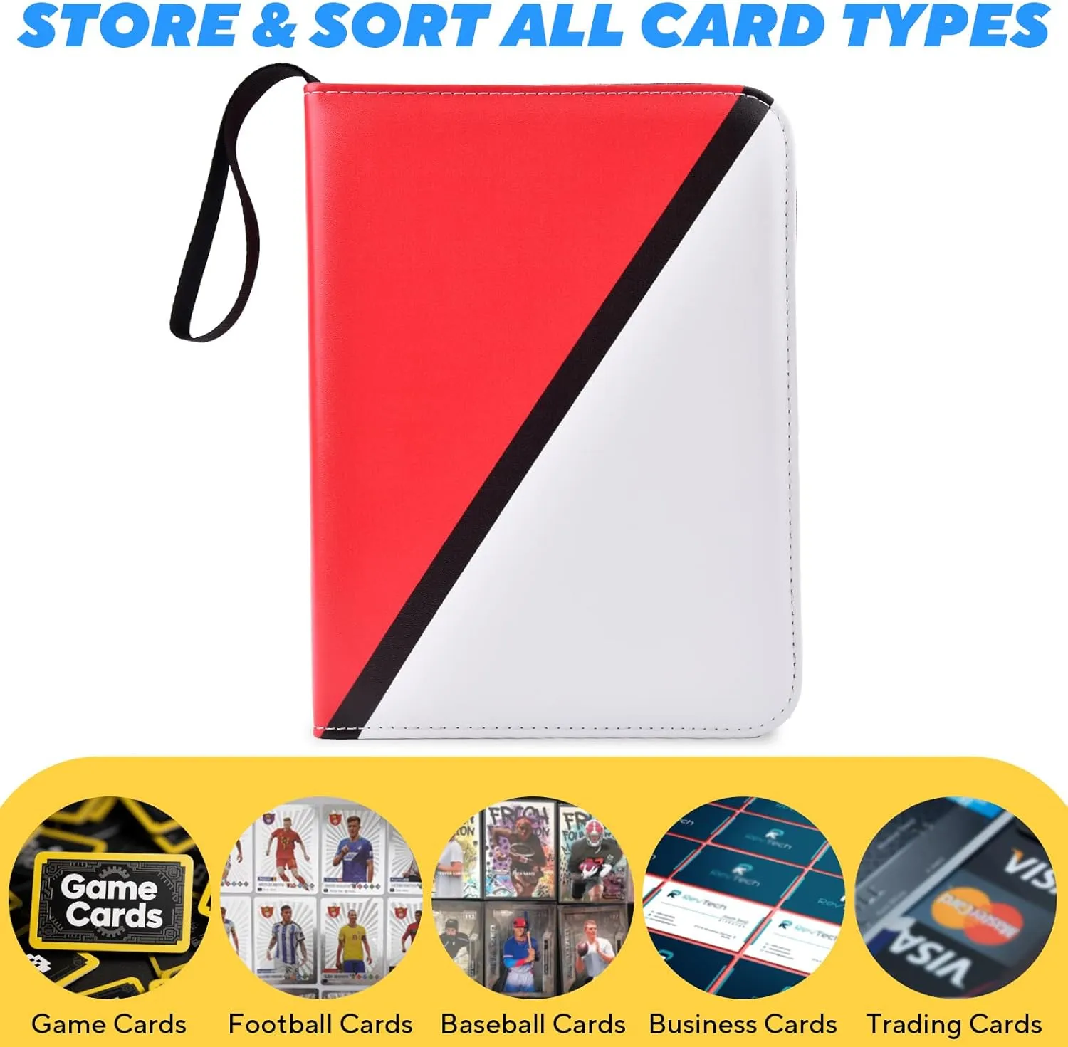 Compact 4-Pocket Card Binder with carrying strap, Fits 440 Cards Trading Card Binder with 55 Removable Sleeves, Card Organizer Case for Kids, Game Cards, Travel Use