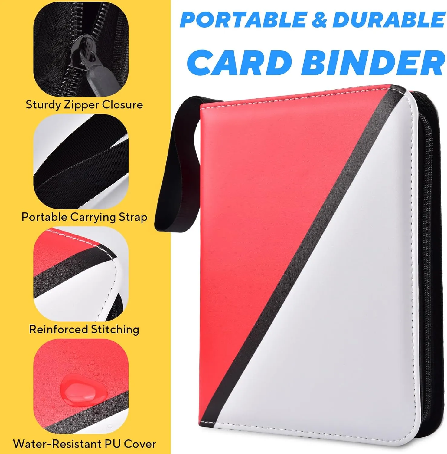 Compact 4-Pocket Card Binder with carrying strap, Fits 440 Cards Trading Card Binder with 55 Removable Sleeves, Card Organizer Case for Kids, Game Cards, Travel Use