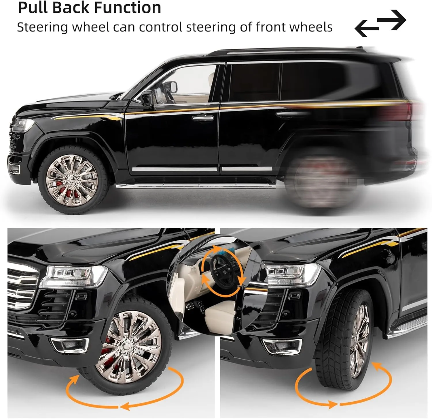Compatible for 1:18 Scale Collectible Landcruiser LC300 Diecast Model Car, Zinc Alloy Pull Back Toy Car Vehicle with Lights and Sounds for Decoration Adult Boys Girls（Black）