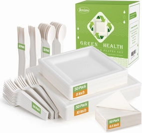 Compostable Disposable Paper Plates Set -[300 Pcs]10 inch 8 inch Heavy Duty Biodegradable Square Plates and Spoons,Forks,Knives,Napkins-Eco-Friendly Party Bulk