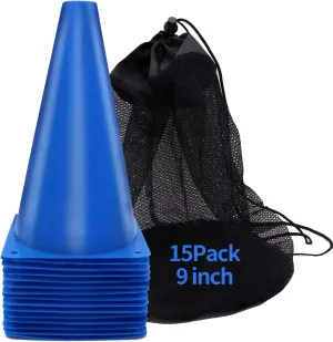 Cones Sports 9 Inch, 15 Pack Training Cones for Soccer Practice, Agility Field Cone Set for Drills Football Basketball, Plastic Cones for Outdoor Indoor Games