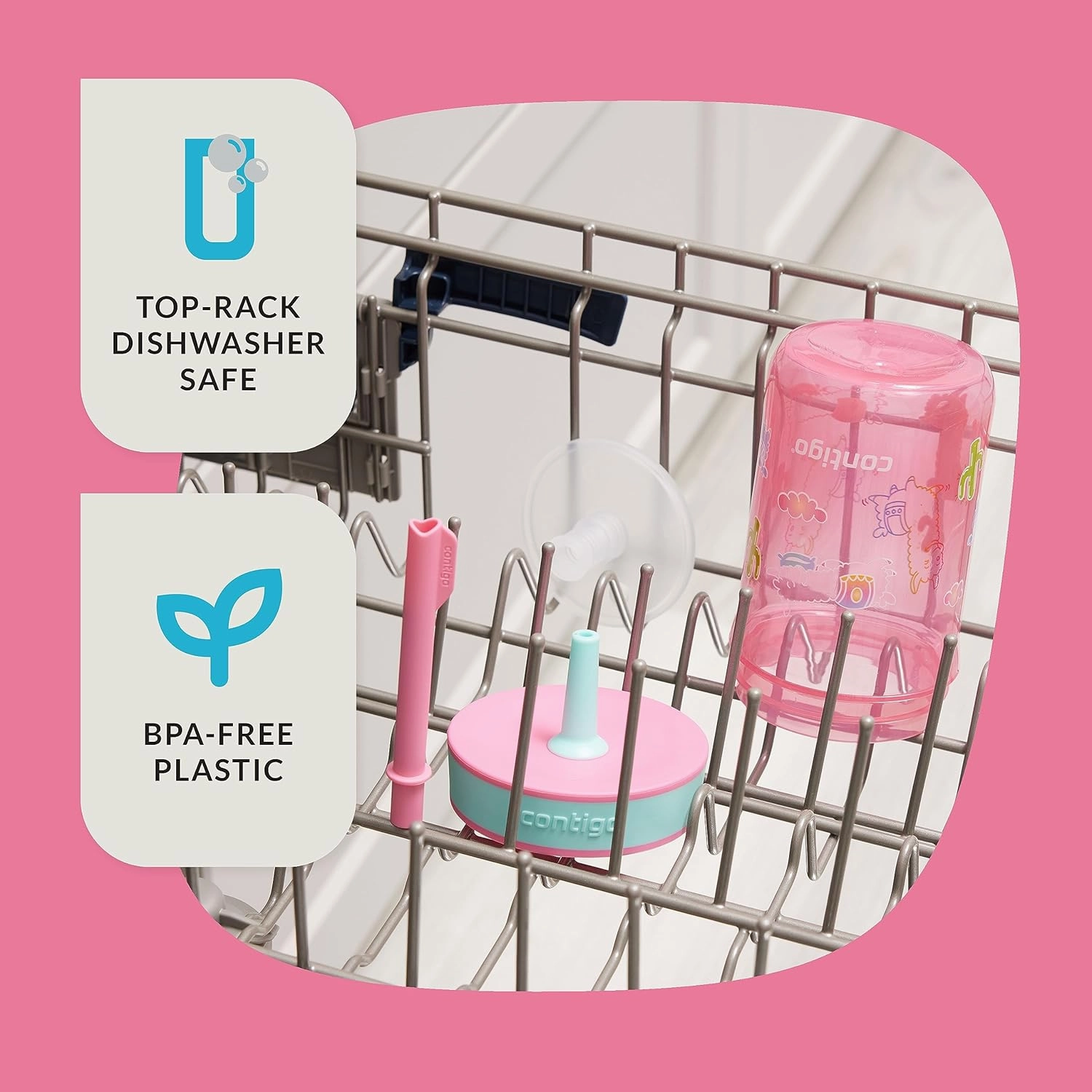 Contigo Leighton Kids Plastic Water Bottles, Spill-Proof Tumblers with Straw, Dishwasher Safe, 14oz 2-Pack in Blue Raspberry/Butterflies & Azalea/Llamas Themes - Ideal for Toddlers and Older Kids