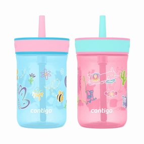 Contigo Leighton Kids Plastic Water Bottles, Spill-Proof Tumblers with Straw, Dishwasher Safe, 14oz 2-Pack in Blue Raspberry/Butterflies & Azalea/Llamas Themes - Ideal for Toddlers and Older Kids